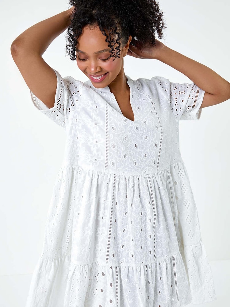 Roman White 100% Cotton Broderie Frill Hem Dress - Image 1 of 5
