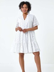 Roman White 100% Cotton Broderie Frill Hem Dress - Image 2 of 5