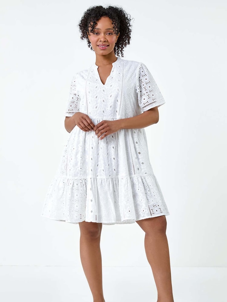 Roman White 100% Cotton Broderie Frill Hem Dress - Image 2 of 5