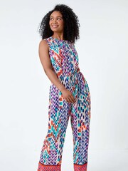 Roman Blue Aztec Style Border Print Jumpsuit - Image 1 of 5