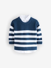 Navy Stripe 100% Cotton Knitted Mock Shirt Jumper (3mths-7yrs) - Image 1 of 4