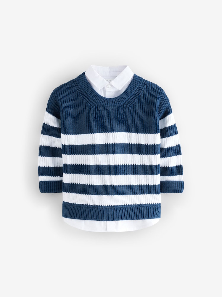 Navy Stripe 100% Cotton Knitted Mock Shirt Jumper (3mths-7yrs) - Image 1 of 4