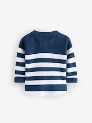 Navy Stripe 100% Cotton Knitted Mock Shirt Jumper (3mths-7yrs) - Image 2 of 4