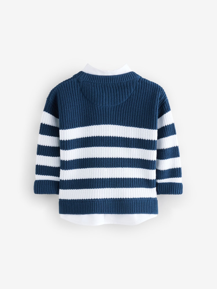 Navy Stripe 100% Cotton Knitted Mock Shirt Jumper (3mths-7yrs) - Image 2 of 4