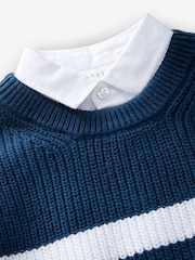 Navy Stripe 100% Cotton Knitted Mock Shirt Jumper (3mths-7yrs) - Image 3 of 4