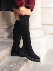 Linzi Black Suede Briody Wide Fit PU Stretch High Leg Boots - Image 1 of 5