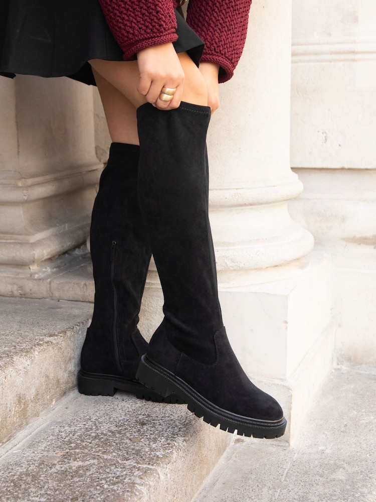 Linzi Black Suede Briody Wide Fit PU Stretch High Leg Boots - Image 1 of 5