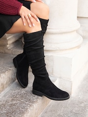 Linzi Black Liana High Leg Faux Suede Flat Ruched Boots - Image 1 of 6