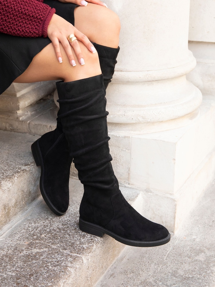 Linzi Black Liana High Leg Faux Suede Flat Ruched Boots - Image 1 of 6