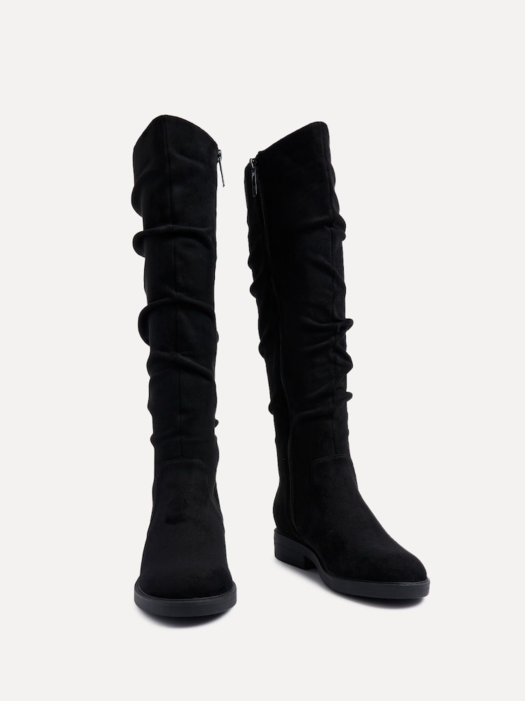 Buy Linzi Black Liana High Leg Faux Suede Flat Ruched Boots from