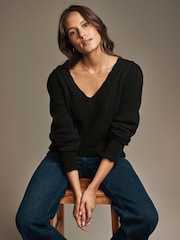 Laura Ashley Black Pointelle V-Neck Jumper - Image 1 of 5