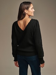 Laura Ashley Black Pointelle V-Neck Jumper - Image 3 of 5