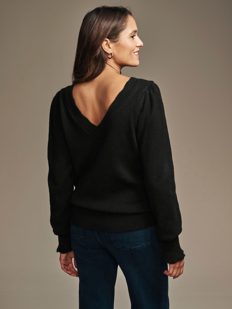 Laura Ashley Black Pointelle V-Neck Jumper - Image 3 of 5