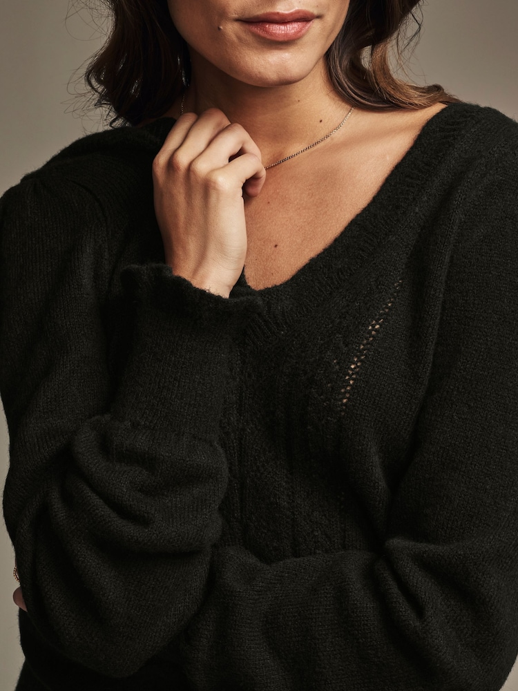 Laura Ashley Black Pointelle V-Neck Jumper - Image 4 of 5