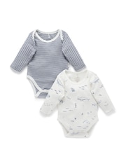 Purebaby Blue Long Sleeve Printed 100% Cotton Bodysuits 2 Pack - Image 1 of 4