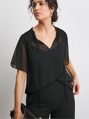 JD Williams Chiffon Short Sleeve Black Blouse - Image 1 of 4