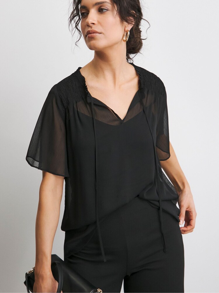 JD Williams Chiffon Short Sleeve Black Blouse - Image 1 of 4
