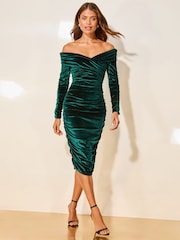 Lipsy Forest Green Velvet Long Sleeve Bardot Bodycon Midi Dress - Image 1 of 4