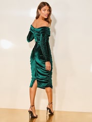Lipsy Forest Green Velvet Long Sleeve Bardot Bodycon Midi Dress - Image 4 of 4