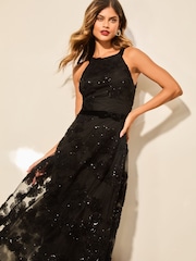 Lipsy Black Petite Premium Sequin Applique Halter Prom Midi Dress - Image 1 of 4