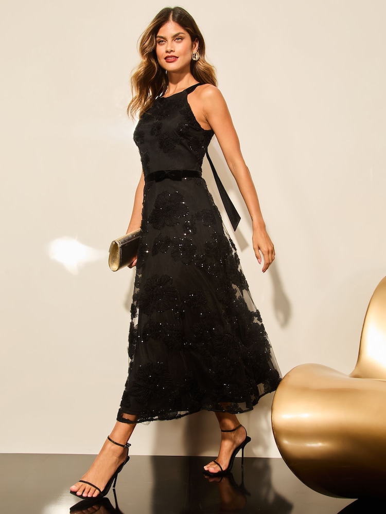 Lipsy Black Petite Premium Sequin Applique Halter Prom Midi Dress - Image 2 of 4