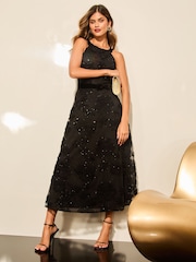 Lipsy Black Petite Premium Sequin Applique Halter Prom Midi Dress - Image 4 of 4