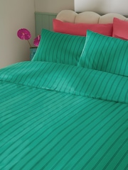 Green 100% Cotton Stripe Duvet Cover and Pillowcase Set - Image 2 of 4