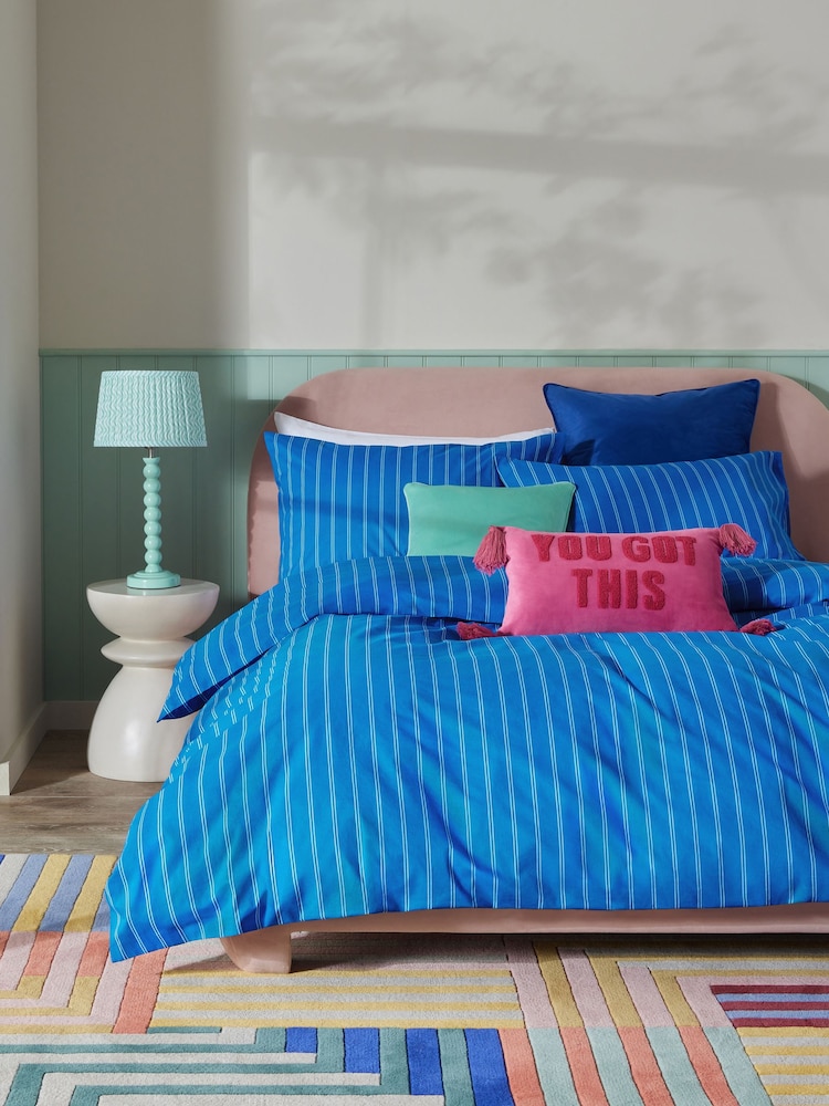 Blue 100% Cotton Stripe Duvet Cover and Pillowcase Set - Image 1 of 4