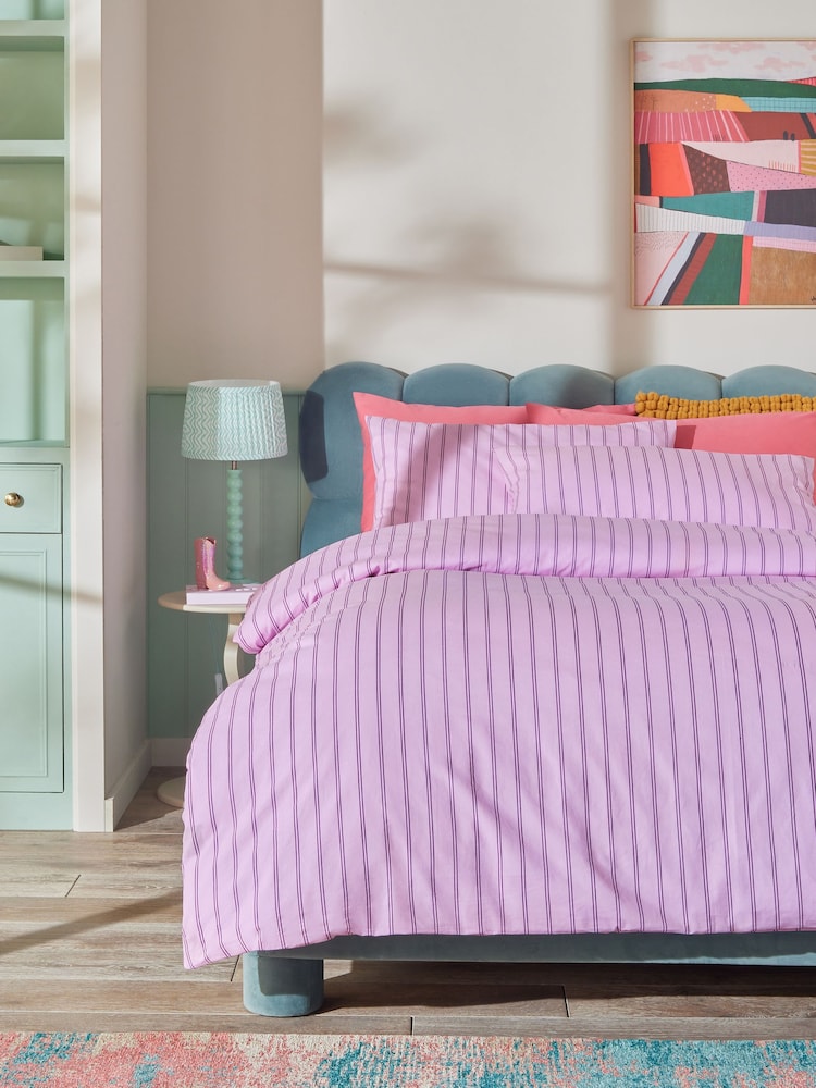 Pink 100% Cotton Stripe Duvet Cover and Pillowcase Set - Image 1 of 4