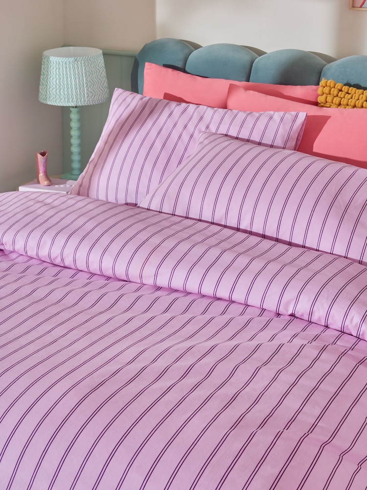 Pink 100% Cotton Stripe Duvet Cover and Pillowcase Set - Image 2 of 4