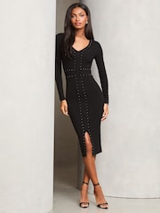 Lipsy Black Studded Midi Knitted Dress - Image 1 of 4