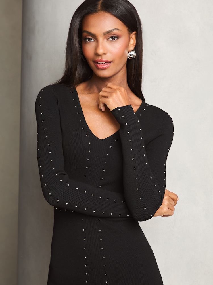 Lipsy Black Studded Midi Knitted Dress - Image 2 of 4