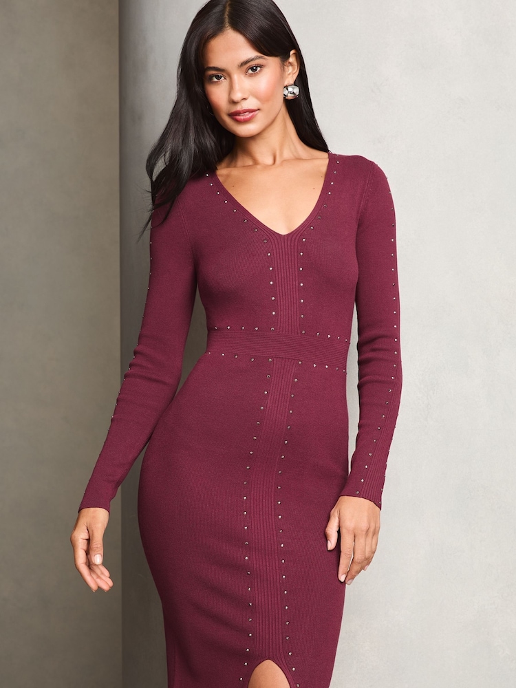 Lipsy Burgundy Red Studded Midi Knitted Dress - Image 2 of 4 Lipsy Burgundy Red Studded Midi Knitted Dress - Image 2 of 4