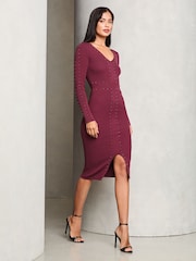 Lipsy Burgundy Red Studded Midi Knitted Dress - Image 3 of 4