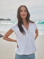 White Short Sleeve Lace V-Neck Bubblehem 100% Cotton Top - Image 1 of 7