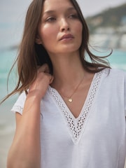 White Short Sleeve Lace V-Neck Bubblehem 100% Cotton Top - Image 4 of 7