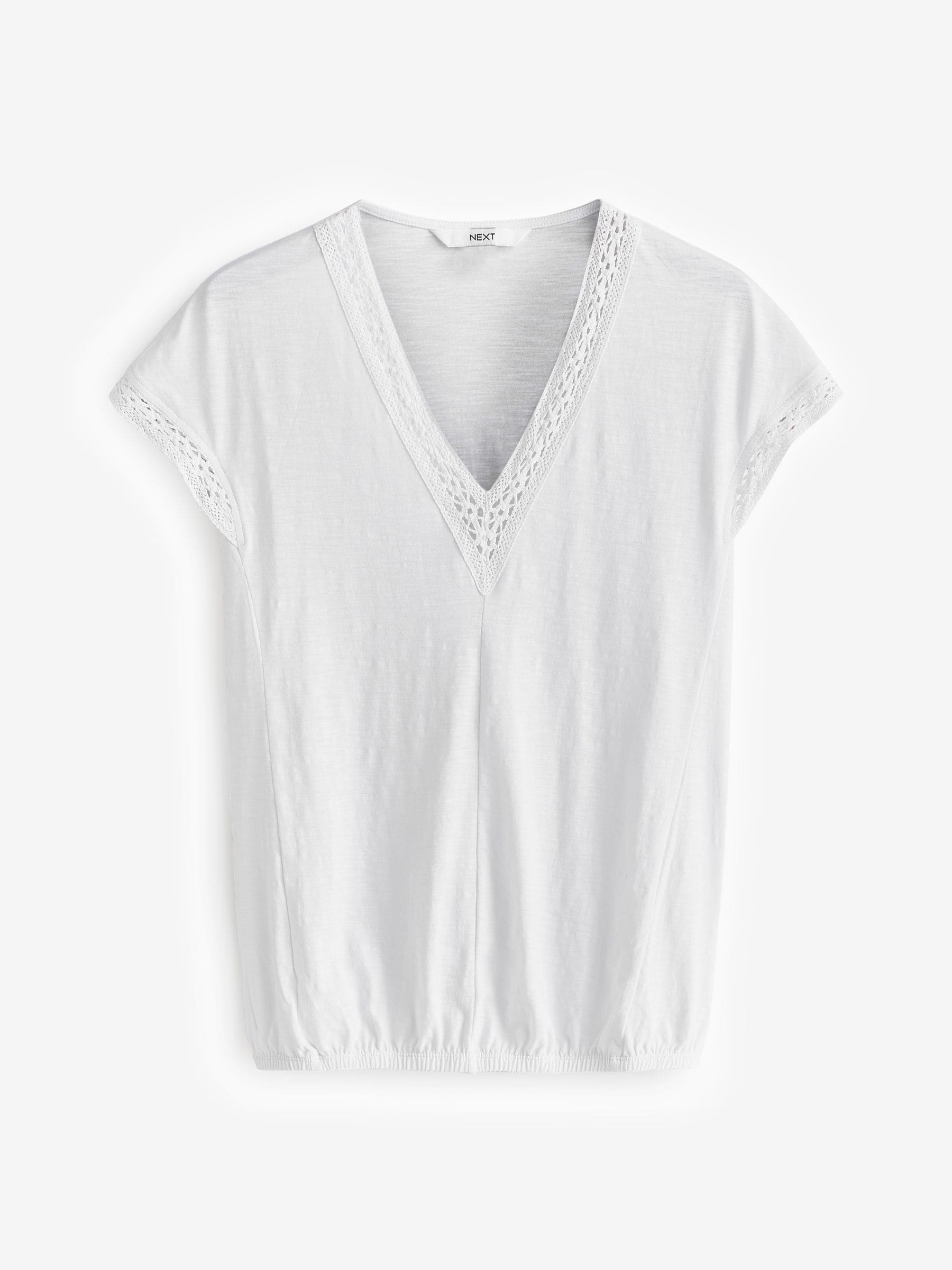 Buy White Short Sleeve Lace V-Neck Bubble Hem 100% Cotton Top from