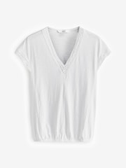 White Short Sleeve Lace V-Neck Bubblehem 100% Cotton Top - Image 6 of 7