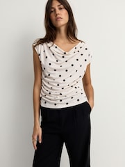 Ecru/Black Polka Dot Sleeveless Drape Top - Image 1 of 1