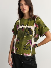 Green Floral Print Textured Boxy T-Shirt - Image 3 of 8
