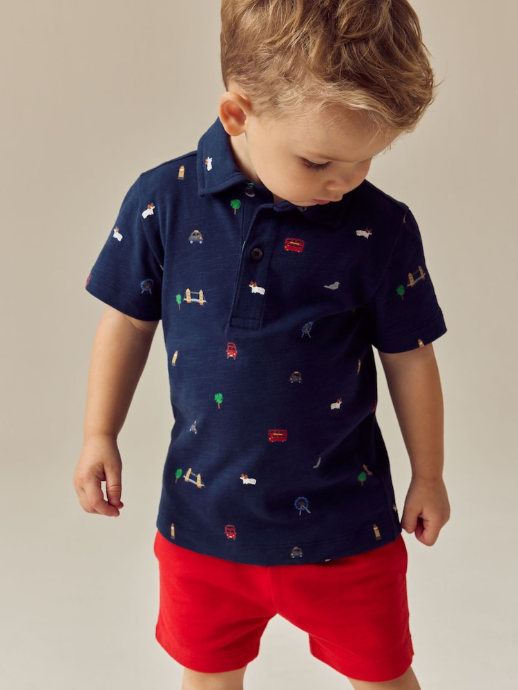 Navy London All Over Print Short Sleeve Polo Shirt And Shorts Set (3mths-7yrs) - Image 1 of 4