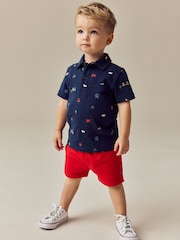 Navy London All Over Print Short Sleeve Polo Shirt And Shorts Set (3mths-7yrs) - Image 2 of 4