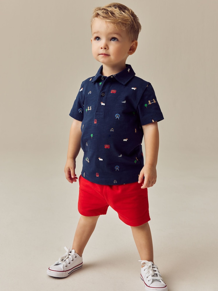 Navy London All Over Print Short Sleeve Polo Shirt And Shorts Set (3mths-7yrs) - Image 2 of 4
