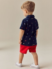 Navy London All Over Print Short Sleeve Polo Shirt And Shorts Set (3mths-7yrs) - Image 3 of 4