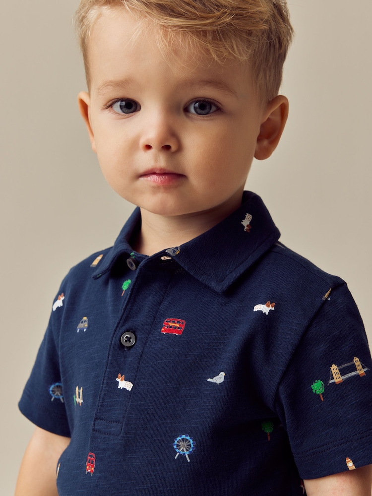 Navy London All Over Print Short Sleeve Polo Shirt And Shorts Set (3mths-7yrs) - Image 4 of 4