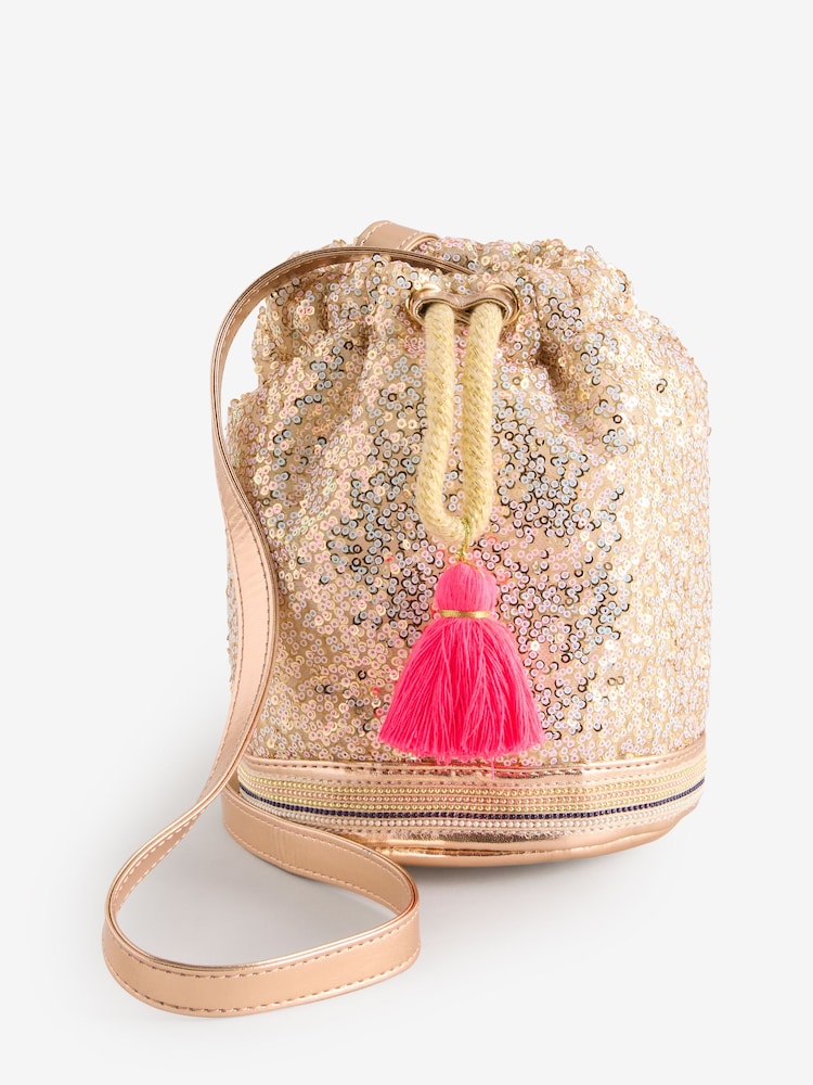 Billieblush Gold Sequin Party Occasion Handbag With Pom Pom Detail - Bild 1 von 1