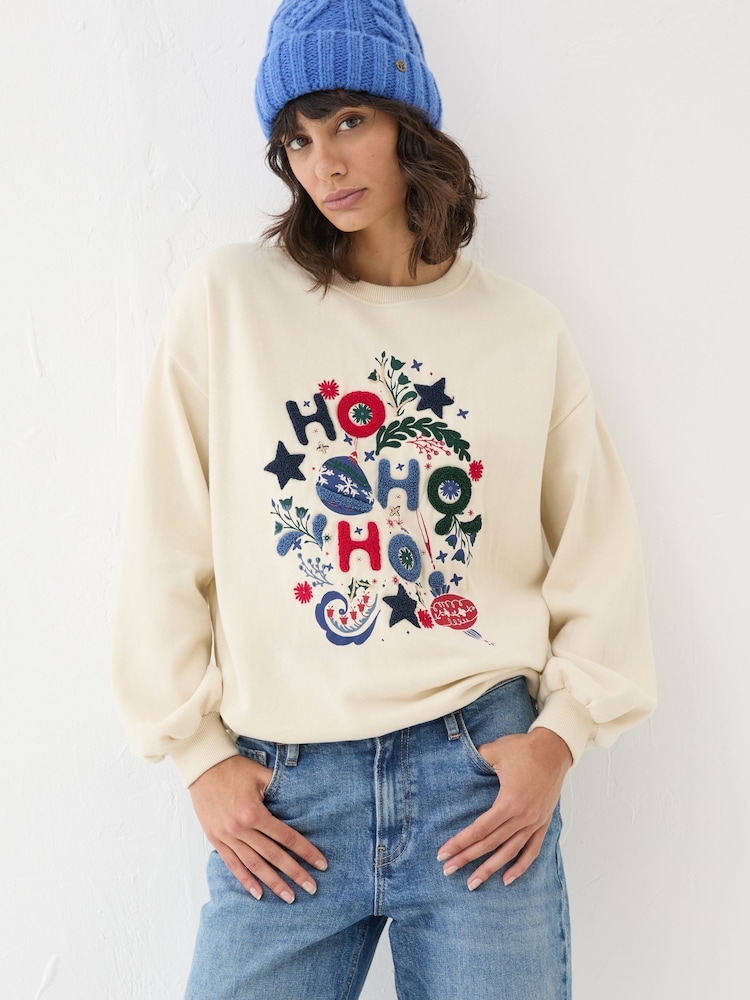 FatFace Ivory Christmas Graphic Crew Sweat Top - Image 2 of 9