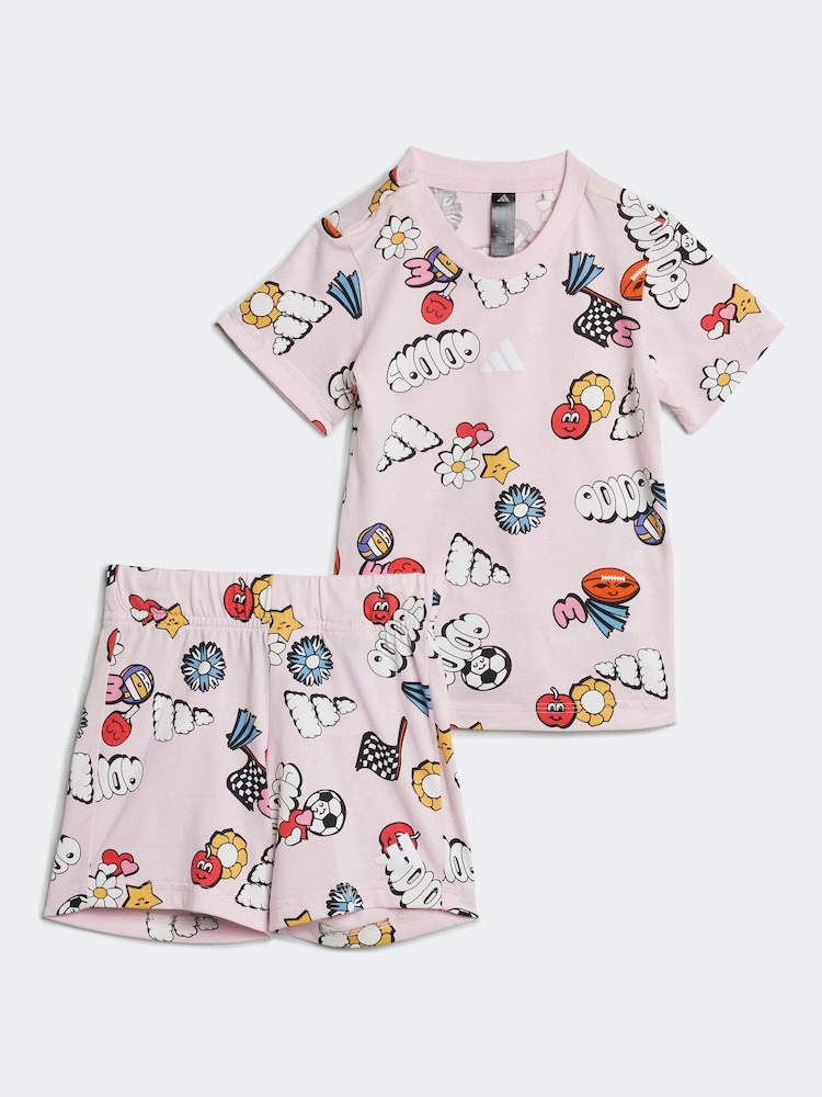 adidas Pink Essentials Fun All-Over Print 100% Cotton Shorts and T-Shirt Set - Image 1 of 7