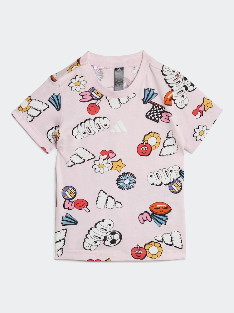 adidas Pink Essentials Fun All-Over Print 100% Cotton Shorts and T-Shirt Set - Image 2 of 7