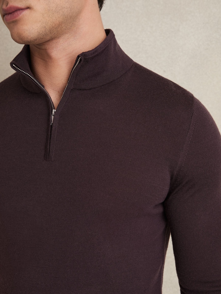 Reiss Dark Bordeaux Blackhall Merino Wool Half-Zip Jumper - Image 3 of 5